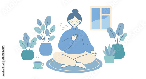 Woman meditating in lotus position surrounded by blue potted plants for mindfulness yoga practice and inner peace wellness concept