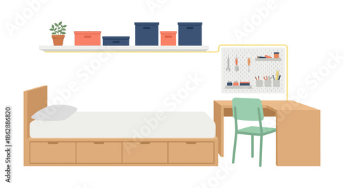 Modern minimalist living room interior with white shelf wooden cabinet green chair and organized home decor for contemporary design inspiration