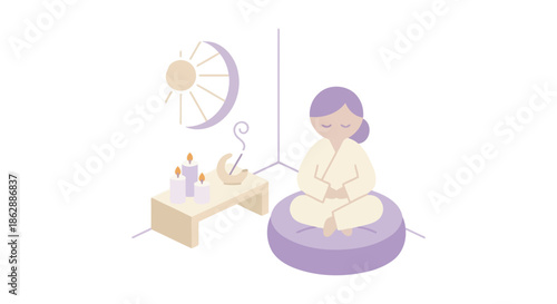 Woman practicing meditation in lotus position with floating bath accessories for zen relaxation and mindful bathing ritual concept
