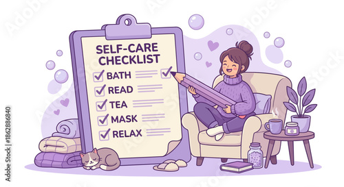 Woman relaxing in bathtub reading self care checklist with candles plants and purple decor for bathroom wellness routine illustration