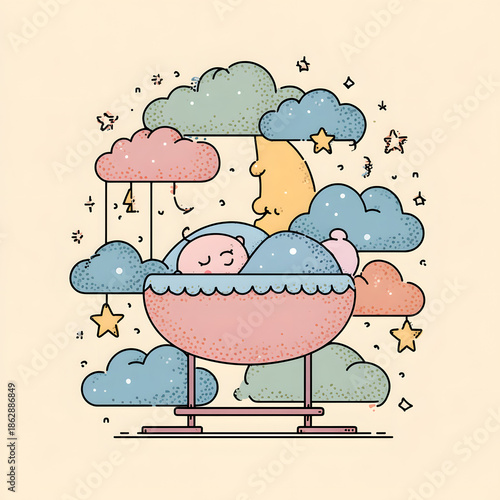 Whimsical cartoon illustration of a baby sleeping in a cradle, surrounded by clouds, a moon, and stars, depicting peaceful dreams and serene infancy