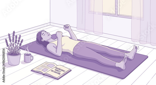 Woman reading book on purple couch in bright living room with large windows plants and natural light for peaceful home relaxation