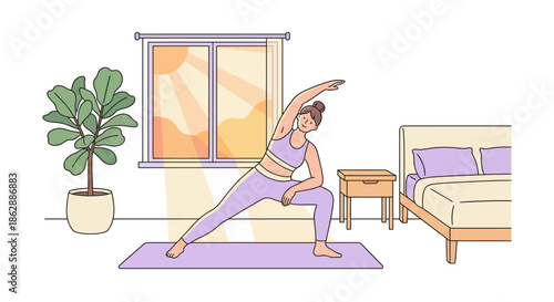Woman doing yoga stretches in bright bedroom with large window plant and bed for morning exercise and healthy home fitness routine