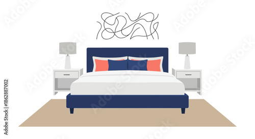 Modern minimalist bedroom interior with double bed navy blue accents nightstands and contemporary wall art for peaceful sleeping space design