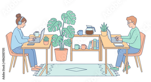 Man and woman working together at shared desk with laptops plants and coffee for collaborative home office or coworking space