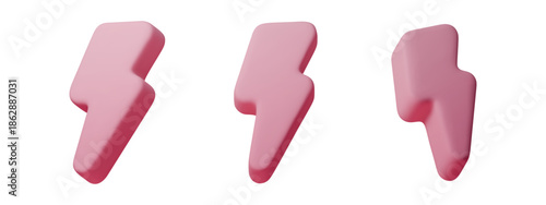  3D pink lightning bolt icon with electric energy glow. Realistic thunder symbol for power concepts, Y2K designs, flash sales, and futuristic digital backgrounds.