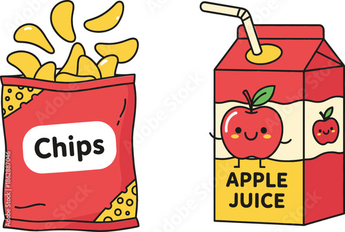 Cartoon illustration of a red bag of potato chips and a cute apple juice box with a straw for school lunch or snack.