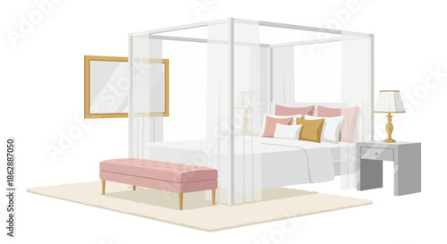 Minimalist white bedroom furniture set with canopy bed pink bench and nightstand for elegant modern interior design concept illustration