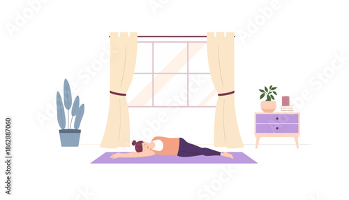 Woman practicing yoga stretches on purple mat in bright bedroom with large window plants and mindful morning exercise routine illustration