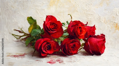 Wallpaper Mural Red roses bouquet on table oil painting valentines background Torontodigital.ca
