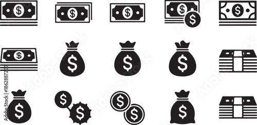 A comprehensive collection of financial icons featuring dollar banknotes, coins, and money bags for various applications.