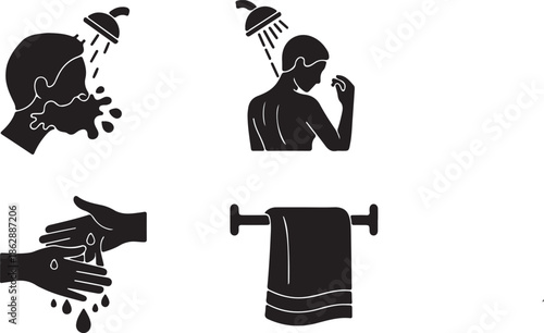 Daily personal hygiene routine: icons of showering, washing and body care practices