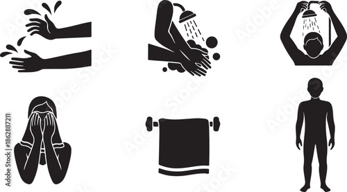 Daily personal hygiene routine icons showing washing hands, showering, and face washing