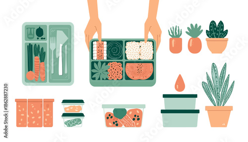 Urban indoor gardening collection with hanging planters potted succulents vegetables and herbs on shelves for sustainable home growing illustration