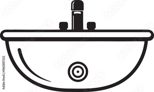  Simple black and white line art illustration of a sink with a faucet and drain