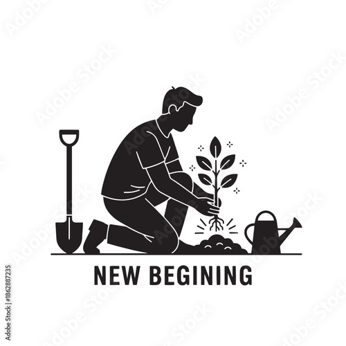 silhouette of person planting a small tree new beginning white background