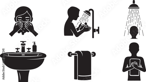 A comprehensive set of icons illustrating various personal hygiene and bathroom activities