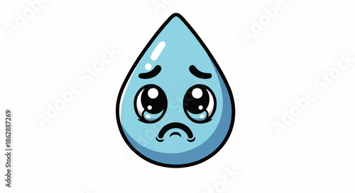 Sad cartoon water droplet mascot with teary eyes and worried expression in blue color.