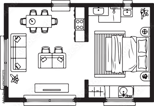 Efficient one-bedroom apartment floor plan with open living space and two bathrooms
