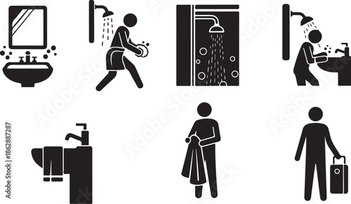 Daily personal hygiene routines and bathroom activities depicted in stick figure icons