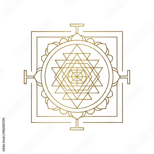 Intricate sacred yantra mandala featuring interlocking triangles, circles, and lotus petals.