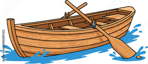 Wooden rowing boat with oars floating on blue water splashes isolated on white background for marine and lake transportation.