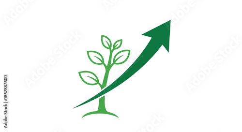 Sprouting plant with rising arrow symbolizing sustainable environmental growth and progress.