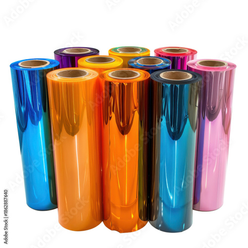 Shiny colored rolls of vinyl wrap stacked together showing vibrant hues for crafting and decorating on transparent background