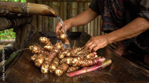 Close Up View of Harvesting Arrowroot by Washing with Water in Traditional Bamboo Environment Raw Ingredient and Root
