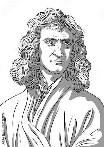 Portrait of Isaac Newton, famous mathematician and inventor, who discovered gravity