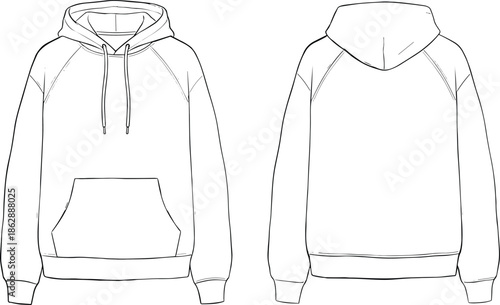 Front and back hoodie technical line art illustration, blank pullover sweatshirt apparel template, fashion flat sketch vector isolated on white background