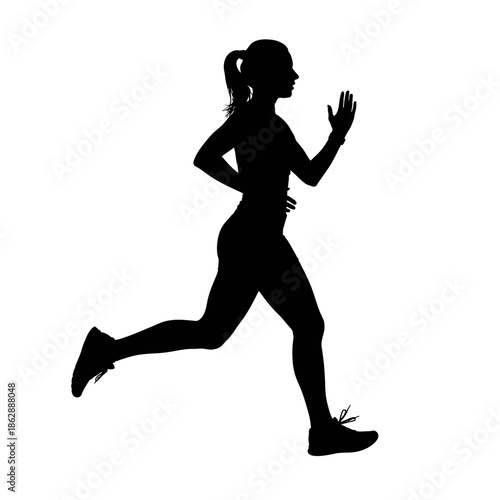Silhouette of a Female Runner in Motion on White Background.