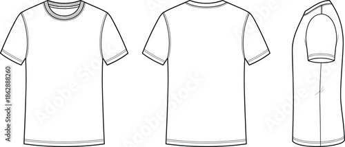 Front back and side t shirt technical line drawing, blank short sleeve apparel template, fashion flat sketch vector illustration isolated on whiteFront back and side t shirt technical line drawing, bl