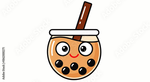 Whimsical cartoon bubble tea in a jar with straw and tapioca pearls.