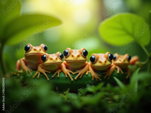 Group of six red-eyed tree frogs on green leaves in outdoor setting, sunlight filtering through foliage, vibrant colors, semi-circle arrangement, unique postures, blurred natural backgr - AI-Generated