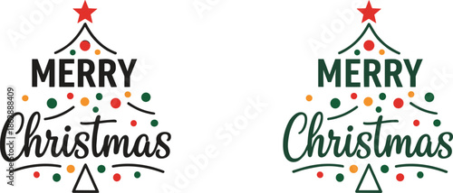 Minimal Merry Christmas Typography Tree Design with Dots and Star Modern Vector