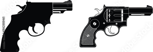 Revolver Gun Silhouette and Outline Illustration Set Black and White Vector Design