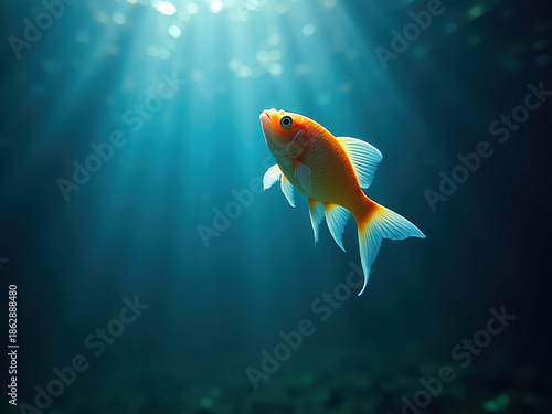 Centered goldfish swimming upwards in a vibrant underwater scene, against a deep blue backdrop with light filtering from above - AI-Generated
