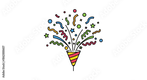 Colorful celebration burst with confetti and streamers emerging from a party popper, creating a festive mood.