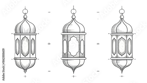 Elegant Lanterns in Sketch Style: A set of exquisitely illustrated lanterns, each with intricate designs and delicate details.