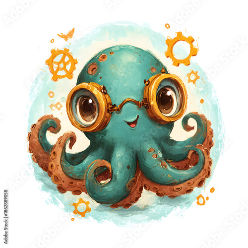 Steampunk Octopus Wearing Goggles, Adorable and Whimsical Cartoon Illustration