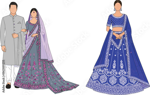 Flat vector illustration of traditional Indian wedding fashion featuring a couple in elegant grey and purple sherwani and lehenga beside a bride in blue.