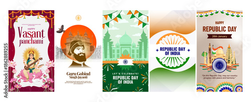 A collection of vibrant indian festival and national holiday posters featuring cultural symbols and landmarks
