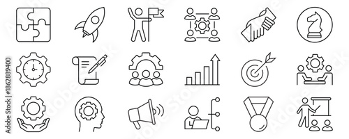 Management icon set. Containing manager, teamwork, strategy, marketing, business, planning, training, employee, and more. Vector illustration