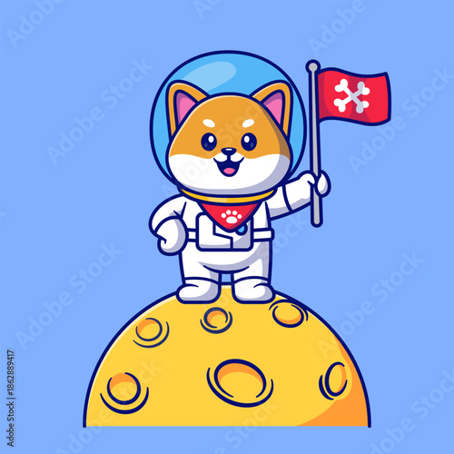 Cute Shiba Inu Dog Astronaut Holding Bone Flag On Moon 
Cartoon 