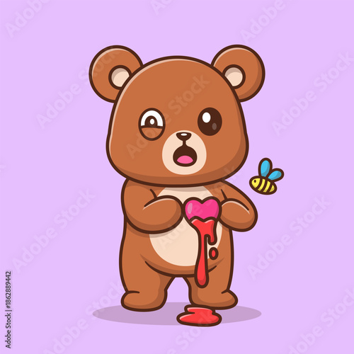Cute Bear Broken Heart With Honeybee Cartoon 