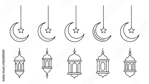 Islamic Lanterns and Crescent Moon: The image features a set of elegant, line-art illustrations of crescent moons and lanterns.