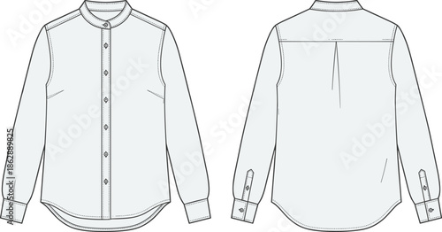 Long sleeve mandarin collar shirt technical line drawing with front and back views, mens modern apparel flat sketch vector