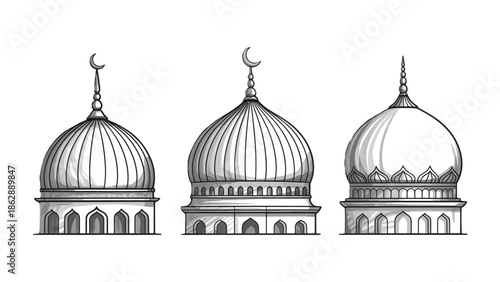Sacred Domes: Intricate architectural sketches of Islamic domes, each crowned with a crescent moon, stand as symbols of faith, history and cultural heritage.