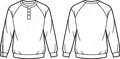 Men long sleeve henley shirt technical flat front and back view raglan sleeves apparel fashion vector illustration
